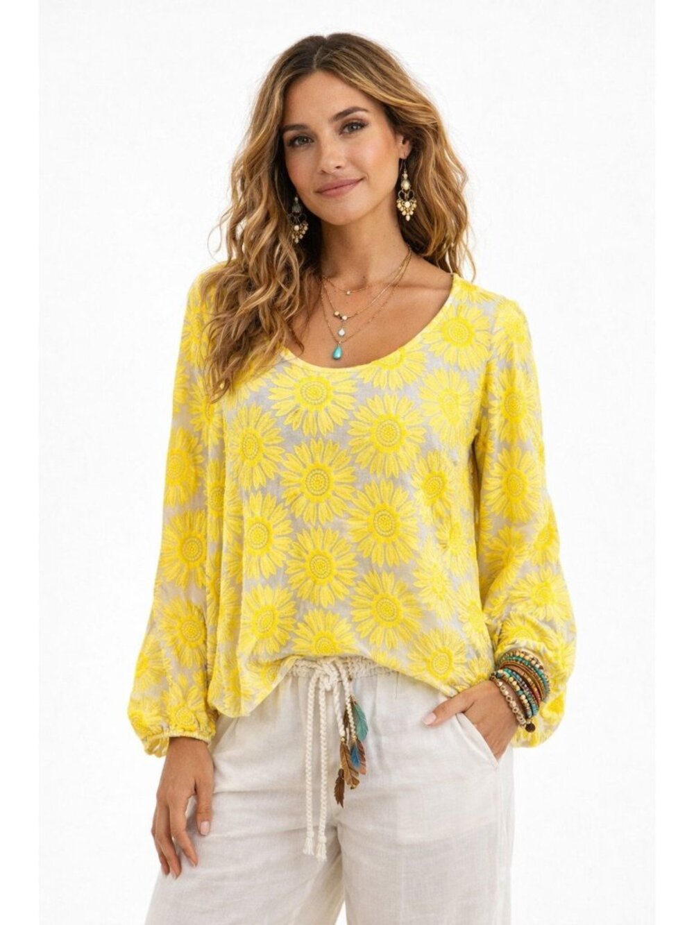 Yellow Sunflower Embroidered Semi Sheer Top Balloon Sleeves Ivy Jane Womens M